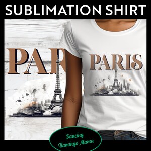 May include: White t-shirt with a brown and black graphic of the Eiffel Tower and the word "PARIS" in brown text.