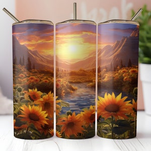 Sunset Serenity: Abrazo de girasol de Mountain Valley - 20oz & 30oz Flaco y cónico Tumbler Wrap PNG Descarga digital- Arte para sublimación