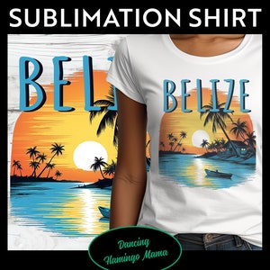 May include: White t-shirt with a sunset scene and palm trees. The text "Belize" is printed in blue on the shirt.