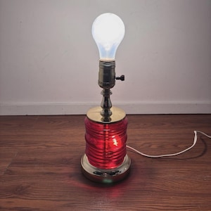 Small Mid Century Gold and Red Table Lamp - Works Great! Light Up Base!