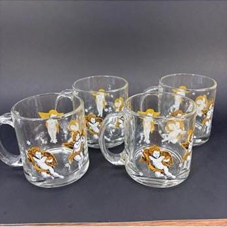4 tasses à café Angel Sirens fabriquées aux États-Unis en verre transparent - Excellent état. image 2