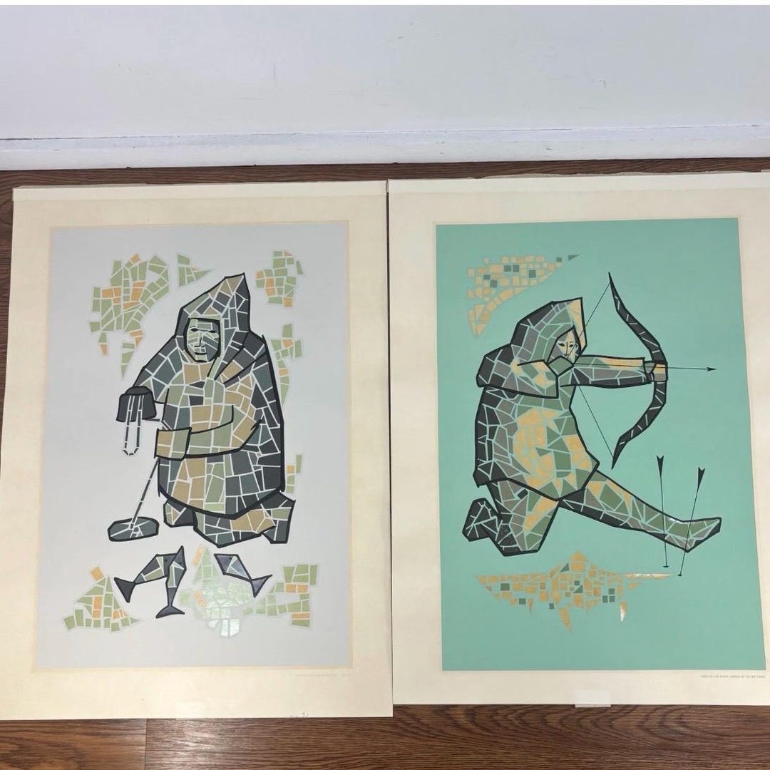 Pair of Union Carbide Commissioned Prints - Inuit Themed MCM Geometric ...