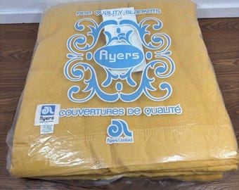 Rares !! Couverture en laine mélangée New Ayers - Bordure satinée - Jaune beurre Mid-Century