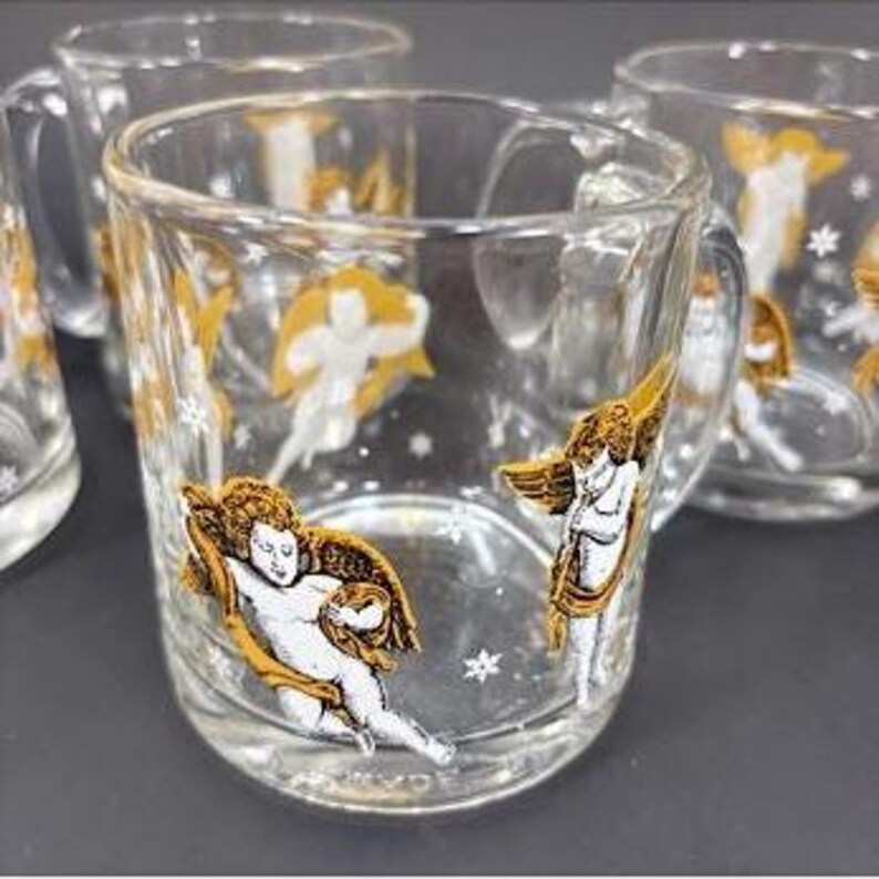 4 tasses à café Angel Sirens fabriquées aux États-Unis en verre transparent - Excellent état. image 4