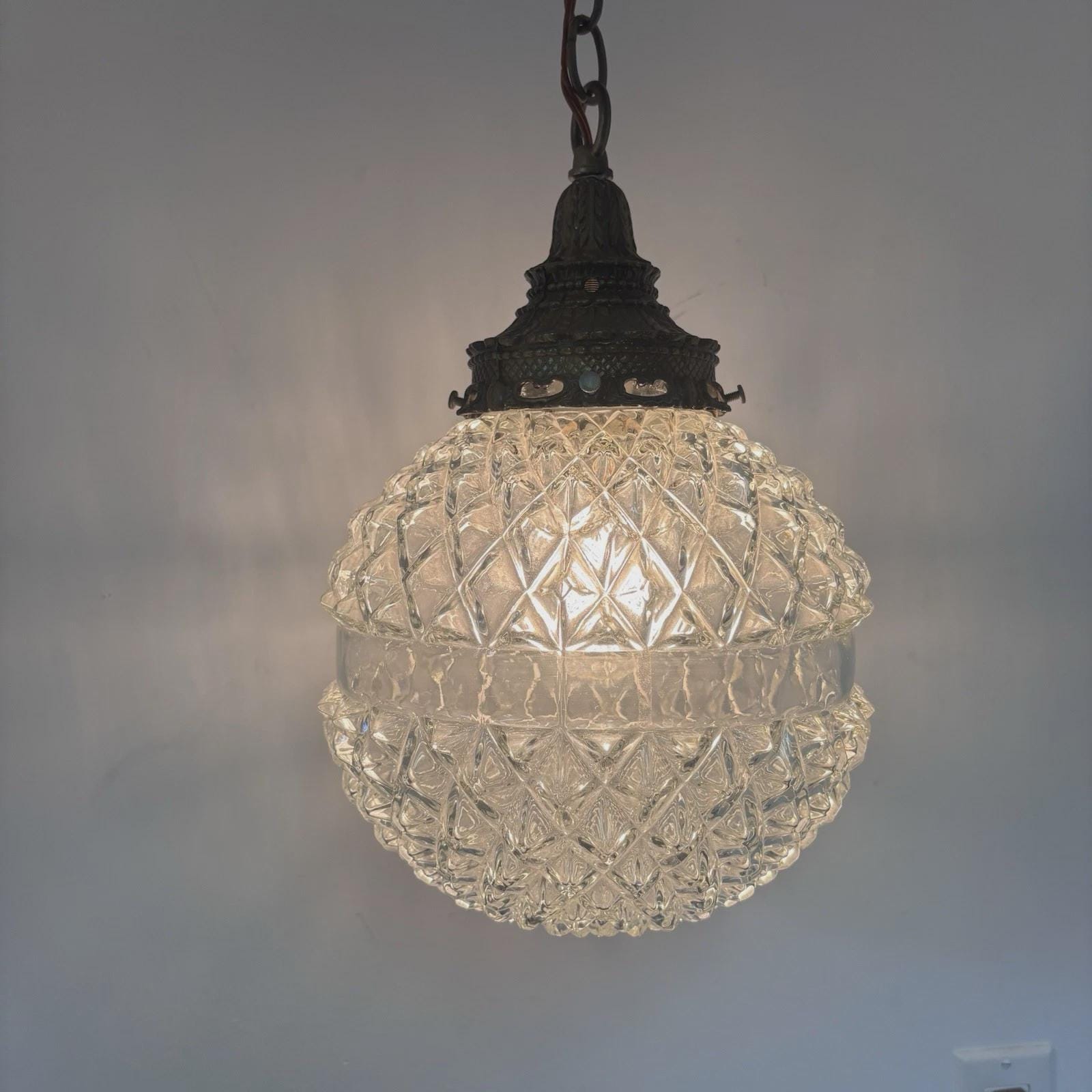Large Mid Century Globe Pendant Ceiling Lamp Diamond Texture Hanging - Vintage