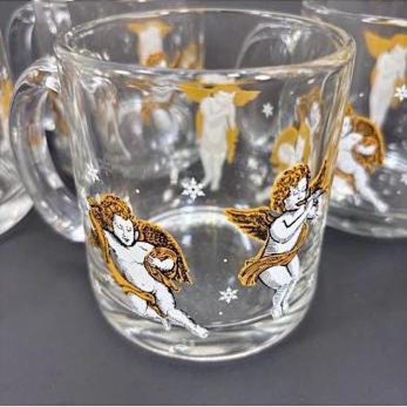 4 tasses à café Angel Sirens fabriquées aux États-Unis en verre transparent - Excellent état. image 3