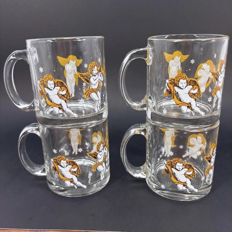 4 tasses à café Angel Sirens fabriquées aux États-Unis en verre transparent - Excellent état. image 1