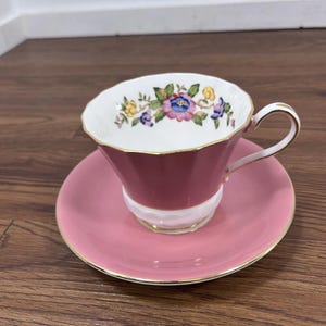 Aynsley Tea Cup And Saucer Pink Floral Bone China Footed Gold England #2970