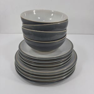 Denby Everyday 12 Piece Set - Gray Mushroom - Dinner Salad Plates And Bowls
