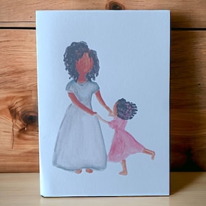 Tarjeta de felicitación con estampado de acuarela / Impresión de arte / Madre e hija / Minimalista