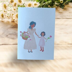 Tarjeta de felicitación con estampado de acuarela / Impresión de arte / Madre e hija /Minimalista/ Flores