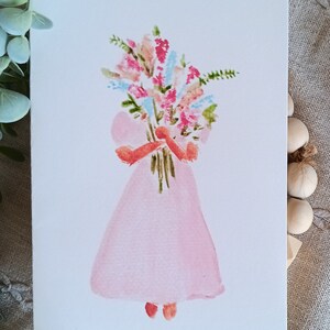 Cartão de felicitações com impressão em aquarela / Impressão artística / Criança com flores / Buquê / Flores