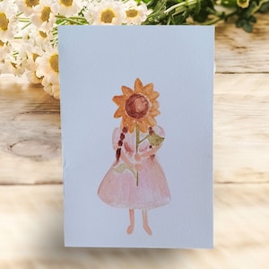 Cartão de felicitações com impressão em aquarela / Girassóis / Criança com flores