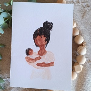 Cartão de felicitações com impressão em aquarela / Impressão artística / Mãe e filho / Minimalista / Bebê