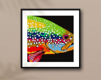 May include: A colorful, pixelated image of a trout fish with a black background. The fish is depicted in a rainbow of colors, including red, orange, yellow, green, blue, and purple.