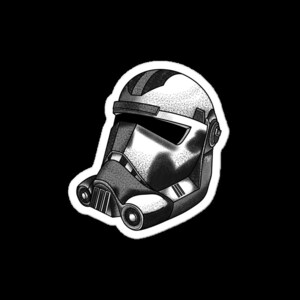 Könnte beinhalten: Eine Schwarzweißillustration eines Star Wars Klonkrieger-Helms mit einem detaillierten Design.
