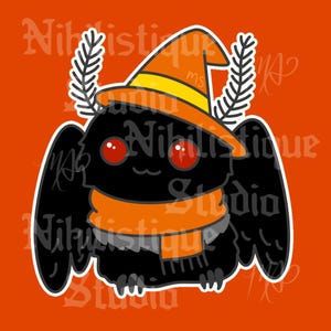 Può includere: Illustrazione di un cartone animato di una falena nera con un cappello e una sciarpa da strega arancione, con occhi rossi. La falena ha grandi ali ed è ambientata su uno sfondo arancione. Il testo "Nihilistique Studio" è visibile.