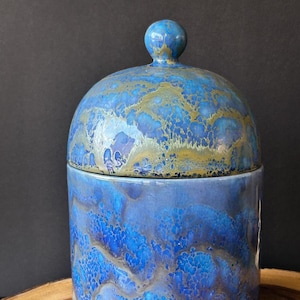 Handmade Blue Lidded Jar | Vibrant Studio Pottery Container - MCM Ceramic Canister with Glossy Glaze Stamped &quot;Madeline of California&quot;