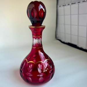 Ruby Red Glass Decanter, gold accents Bohemia