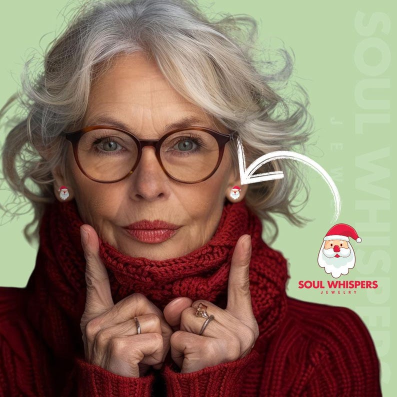 May include: A woman wearing round eyeglasses and a red scarf, with Santa Claus earrings. The earrings are small, with a white face and red hat. The background is a light green color.