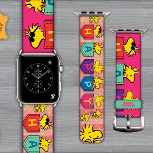 Correa para Apple Watch. Piel auténtica. 38 mm-40 mm-41 mm-42 mm-44 mm-45 mm-49 mm. Todas las series. Snoopy, Woodstock, Happy pockets, amantes de las mascotas, estampado.