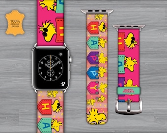 Apple watch band. Genuine Leather. 38mm-40mm-41mm-42mm-44mm-45mm-49mm. All series. Snoopy, Woodstock, Happy pockets, pet lovers, print.
