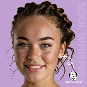 May include: A woman with freckles smiles, wearing a Snoopy stud earring. The earring is white with a black outline of Snoopy's face. The background is a light purple color with the words "SOUL WHISPERS JEWELRY".