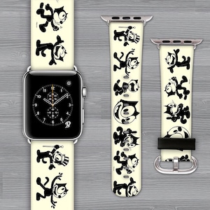 Apple-horlogeband. Echt leer. 38 mm-40 mm-41 mm-42 mm-44 mm-45 mm-49 mm. Alle series. Felix de kat, tekenfilm, gedrukt.