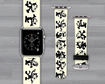 Apple watch band. Genuine Leather. 38mm-40mm-41mm-42mm-44mm-45mm-49mm. All series. Felix the cat, cartoon, printed.