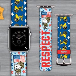Correa para Apple Watch. Piel auténtica. 38 mm, 40 mm, 41 mm, 42 mm, 44 mm, 45 mm y 49 mm. Todas las series. Snoopy, Respect, militar, bandera, amantes de las mascotas, estampado.