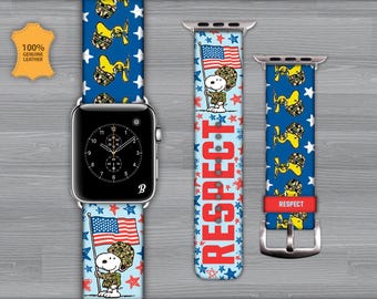 Apple watch band. Genuine Leather. 38mm-40mm-41mm-42mm-44mm-45mm-49mm. All series. Snoopy, Respect, military, flag, pet lovers, print.
