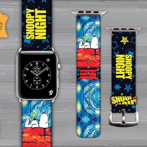 Correa para Apple Watch. Piel auténtica. 38 mm-40 mm-41 mm-42 mm-44 mm-45 mm-49 mm. Todas las series. Snoopy, perros, noche estrellada, amantes de las mascotas, estampado.