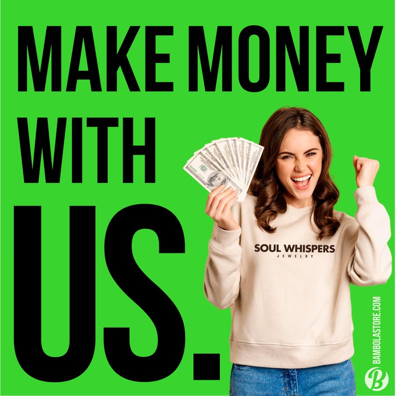 May include: A woman holding a stack of US $100 bills, smiling and celebrating. The text "MAKE MONEY WITH US." is in large black letters on a bright green background. The brand "SOUL WHISPERS JEWELRY" is visible on the woman's sweatshirt.
