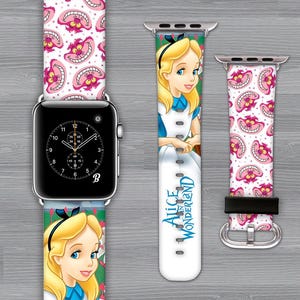 Pasek do zegarka Apple. Skóra naturalna. 38 mm-40 mm-41 mm-42 mm-44 mm-45 mm-49 mm. Wszystkie serie. Alicja w krainie czarów, księżniczka, Disney. nadruk.