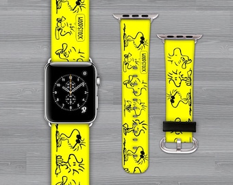 Apple watch band. Genuine Leather. 38mm-40mm-41mm-42mm-44mm-45mm-49mm. All series. Woodstock, bird, pet lovers, animals  printed. Yellow