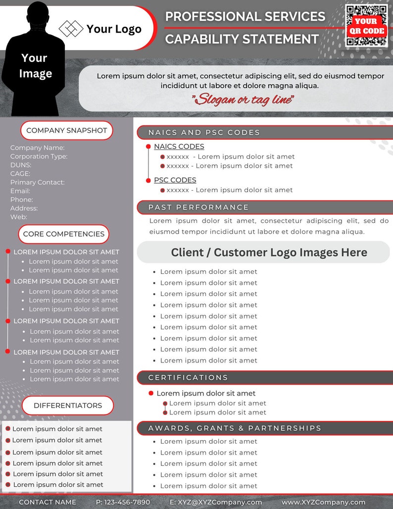 Pu&ograve; includere: Un modello di dichiarazione di capacit&agrave; di servizi professionali con una combinazione di colori grigio e rosso. Il documento include sezioni per le informazioni aziendali, le competenze di base e i loghi dei clienti. Il testo include "Your Logo", "Your Image" e "Slogan or tag line".