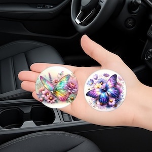 Car Coasters Set of 2, Absorbent Cup Holder Inserts, Butterfly Designs