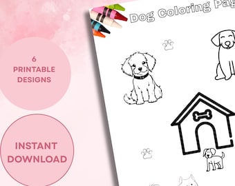 子供向け犬の塗り絵 – 6種類の印刷可能なデザイン – 幼稚園児・幼児向けアクティビティシート
