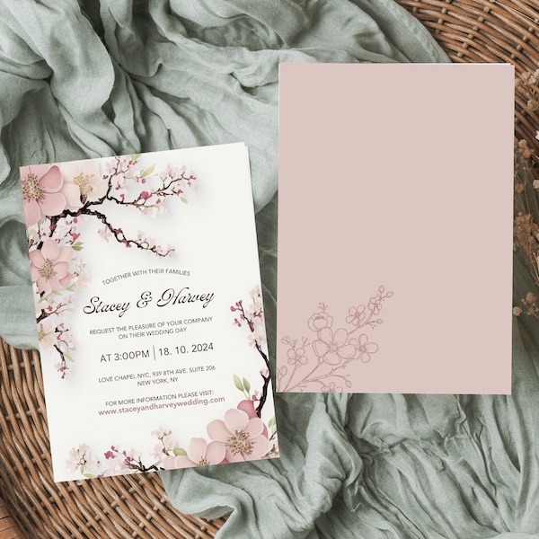 Cherry Blossom Wedding Invitation Template, Sakura Flower Editable Invite, Downloadable and Printable, DIY Floral Pink Instant Download