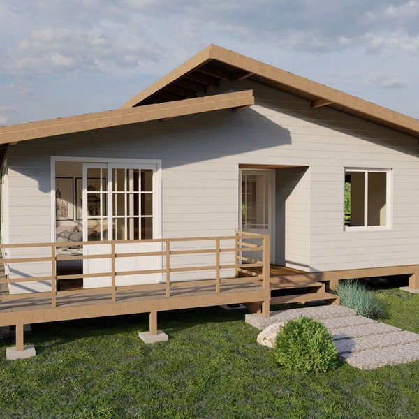 Cabin House Features, Modern Architectural Plans, 2 Bedrooms , 1 Bathroom, 1 Kitchen, 1 Livingroom, 1 Laundry, Outdoor Dining Room - Terrace