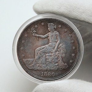 Puede incluir: Una moneda de plata con una mujer sosteniendo una rama con hojas. La moneda tiene las palabras "In God We Trust" y "1880" en ella.