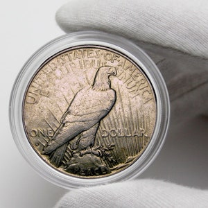 Op de afbeelding: Een zilveren Peace Dollar-munt met een afbeelding van een Amerikaanse zeearend. De munt bevindt zich in een doorzichtige plastic houder. De munt heeft de tekst "United States of America" en "One Dollar" rond de rand.