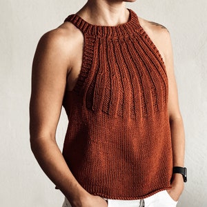 May include: A rust-coloured sleeveless knitted top with a high neckline and a unique textured pattern.