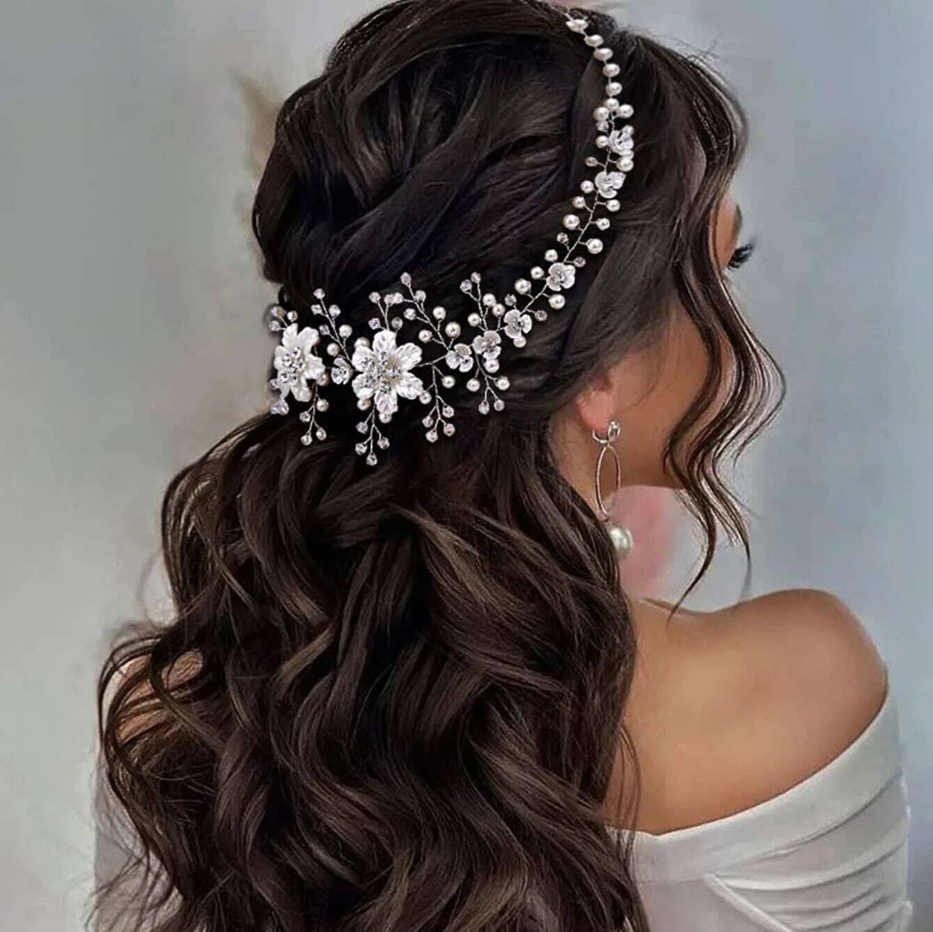 Voarge 2 cerchietti per capelli con strass, eleganti perle bianche, cerchietto con fiori, forma di foglie, per matrimonio, damigella d'onore