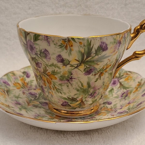 Vintage Regency Thistle and Crocus Floral Chintz Teacup and Saucer set