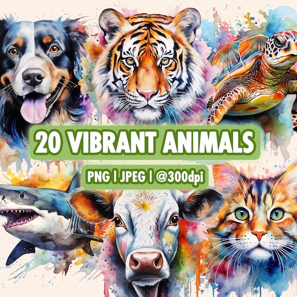 20 Vibrant Watercolor Animals Clipart | Animals, Panda, Tiger, Dolphin, Cat, Dog, Penguin, Wolf, Horse, Whale, Aquarelle Animals Background