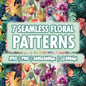 7 aquarelplanten | Naadloze prints, bloemen, digitaal papier, herhalend bloemmotief, bloemenachtergrond