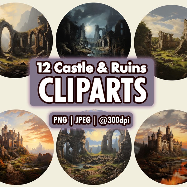 12 Vintage Castle and Ruins Scenery Cliparts | Locations & Sceneries, Digital Artwork, Fantasy Design, Medieval Background, Dark Ages