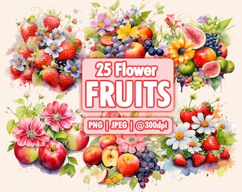 25 Fruits with Flowers Clipart | Plants, Digital Artwork, Floral Design, Fruits Background, Cooking
