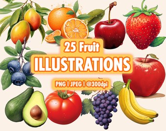 25 cliparts de fruits | Pomme, banane, orange, fraise, ananas, myrtille, cerise, pêche, avocat, arrière-plan de fruits, cuisine